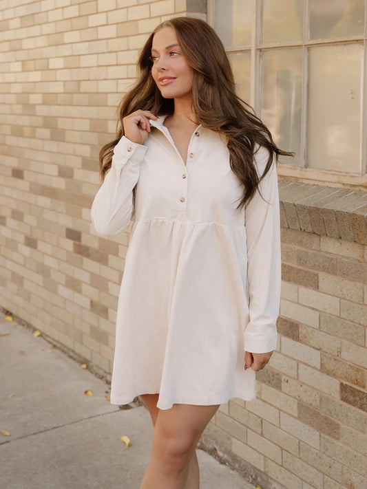 Oatmeal Corduroy Long Sleeve Mini Dress