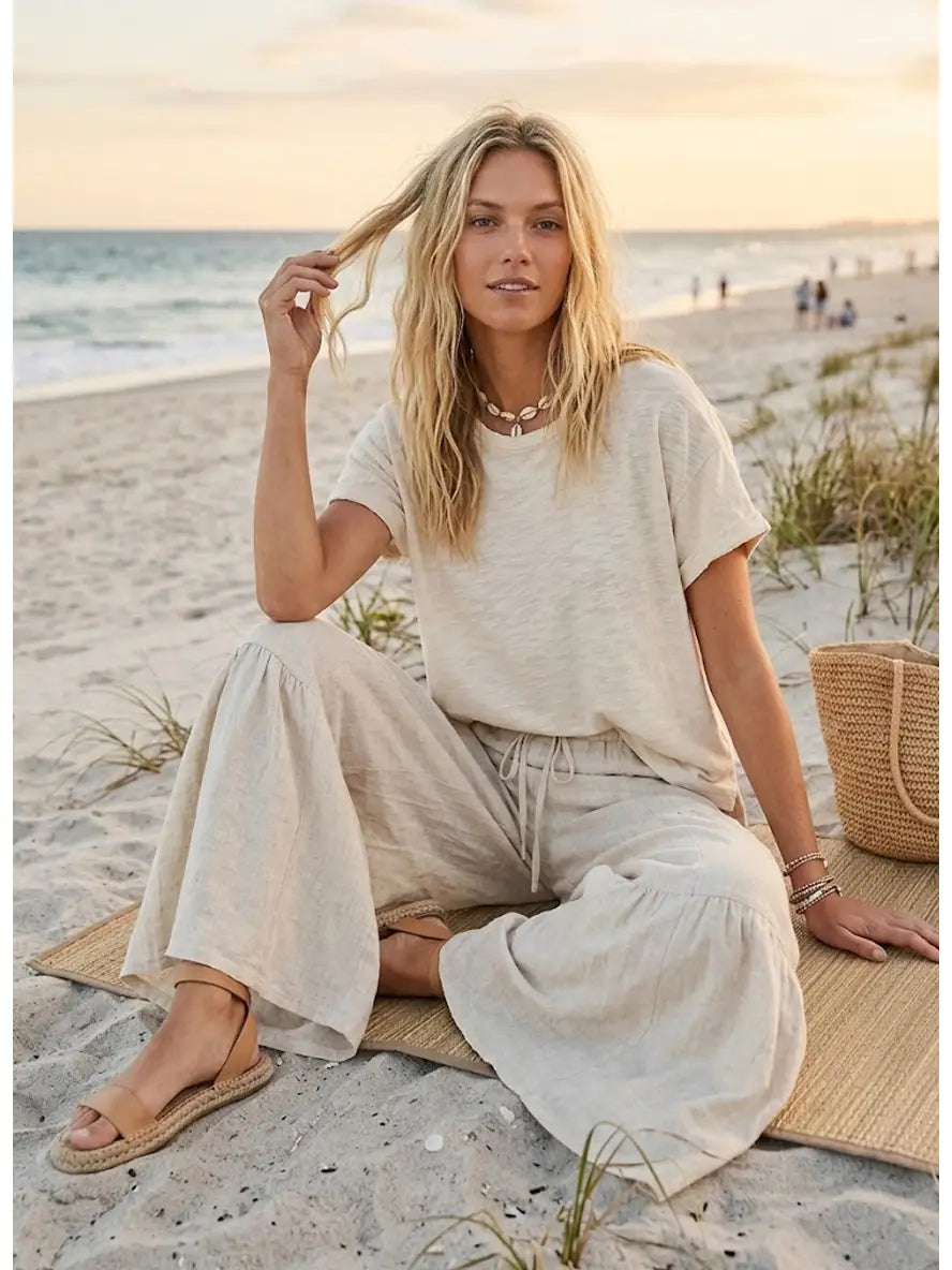Linen Blend Tiered Wide Let Palazzo Pants
