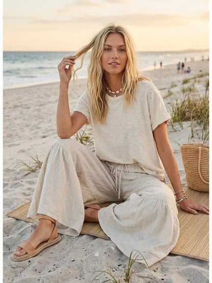 Linen Blend Tiered Wide Let Palazzo Pants