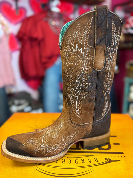 Corral Brown Flames Lamb Embroidery Square Toe Boot
