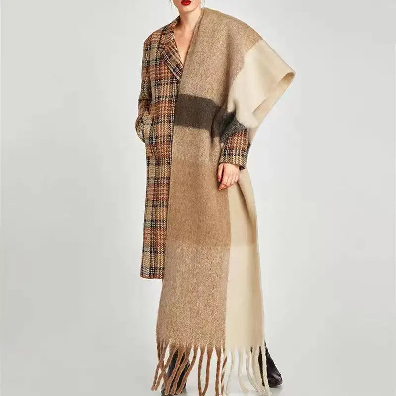 Patchwork Khaki Tassel Cozy Scarf