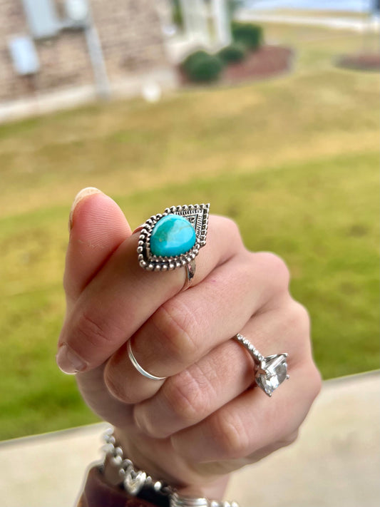 HADA Navajo Kingman Turquoise Architectural Silver Ring - Size 7