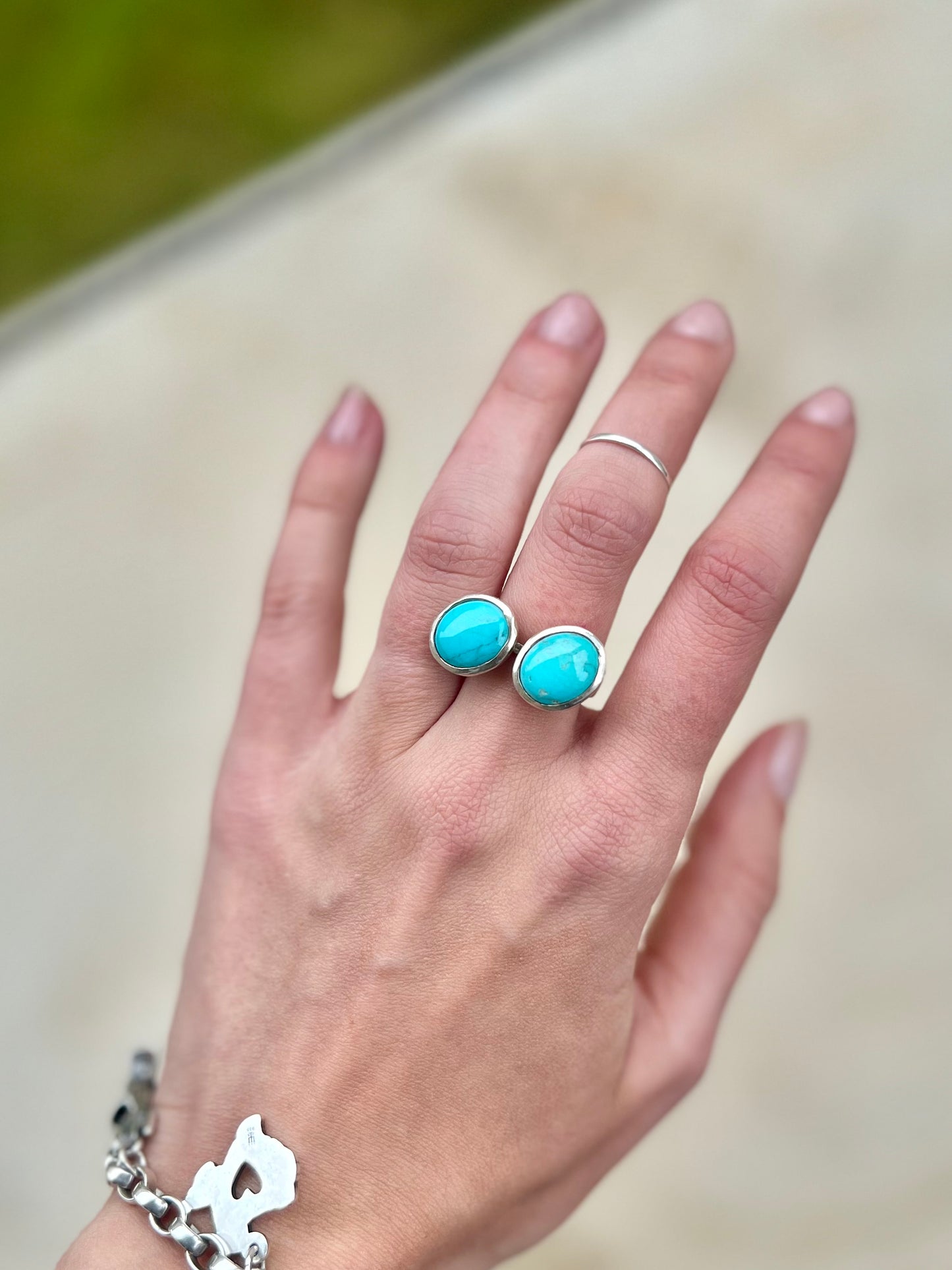 Double Stone Navajo Handmade Turquoise Ring - Size 7