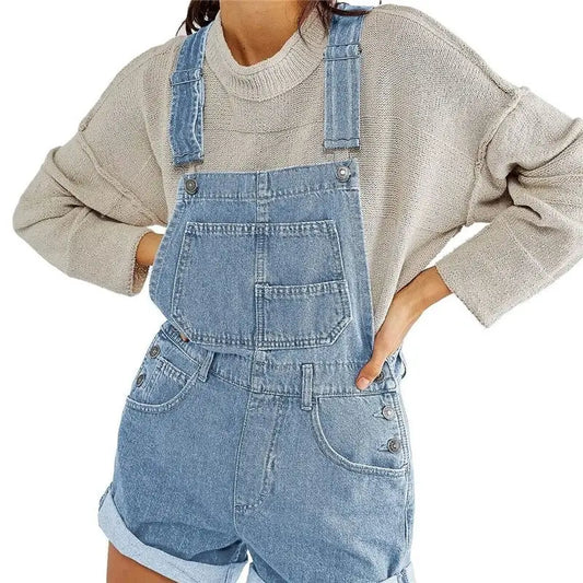 Loose Fit Denim Short Cotton Overalls