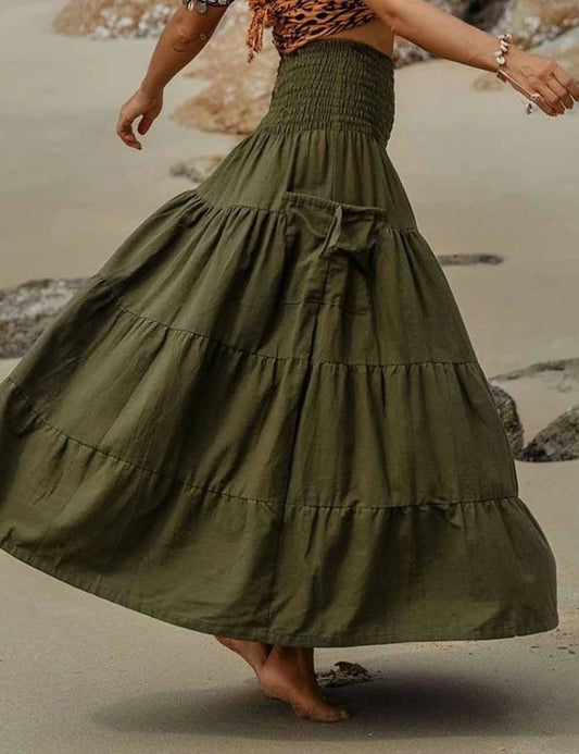 Boho Elastic Waist Smocked Ruched Olive Skirt
