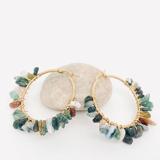 Natural Stone Hoop Earrings - Green Multi