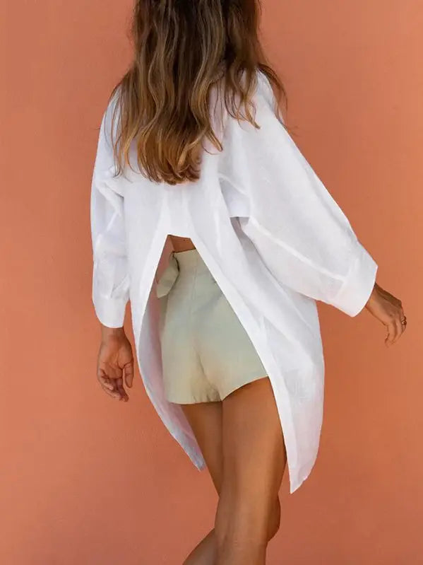 Casual Split-Front Solid Notched Long Sleeve Blouse