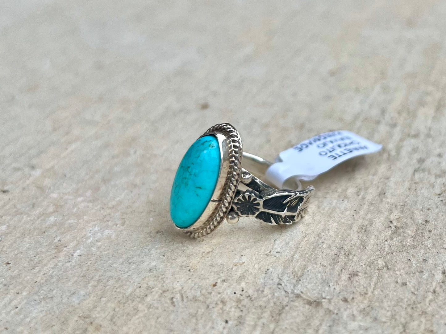 Navajo Handmade Kingman Turquoise Sterling Leaf Band Ring - Size 6.5