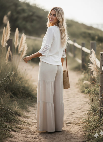 Linen Blend Tiered Wide Let Palazzo Pants
