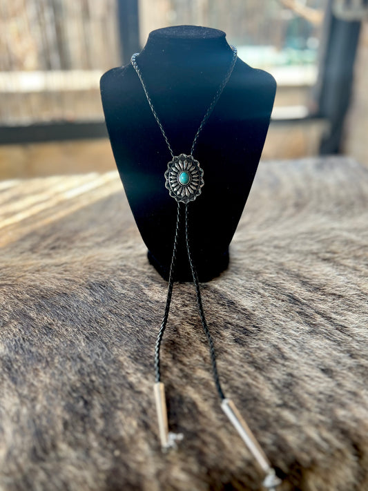 Silver Turquoise Bolo Tie Necklace Set