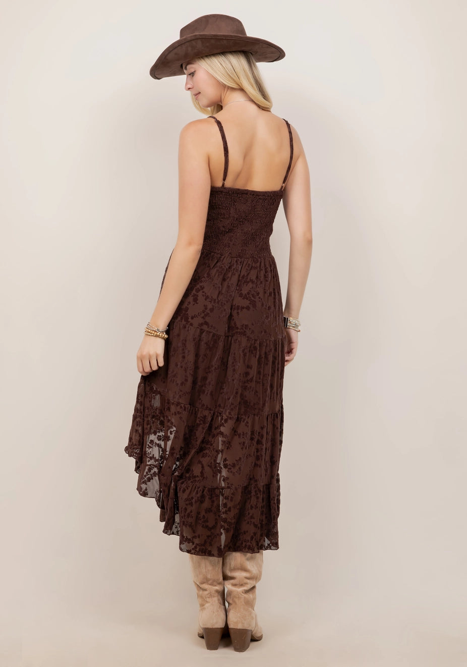 Brown Smocking Detail High-Low Dress
