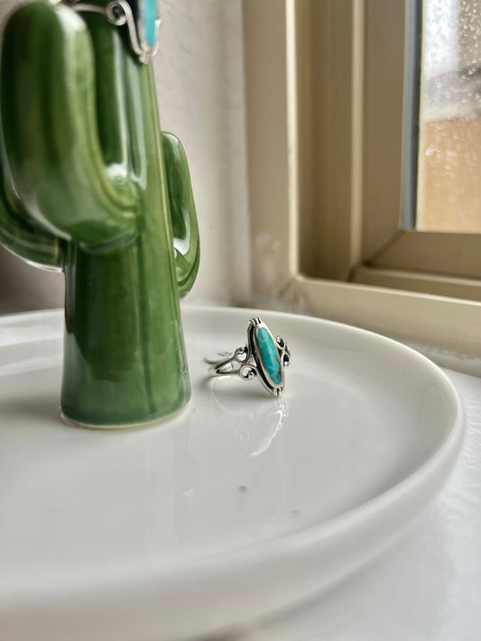 Long Oval Sculpted Silver Turquoise Ring