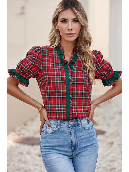 Plaid V-Neck Ruffle Trim Blouse