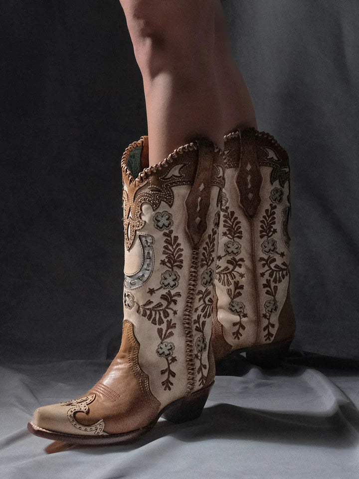 Honey Horseshoe Overlay Hand Stitched Snip Toe Boot