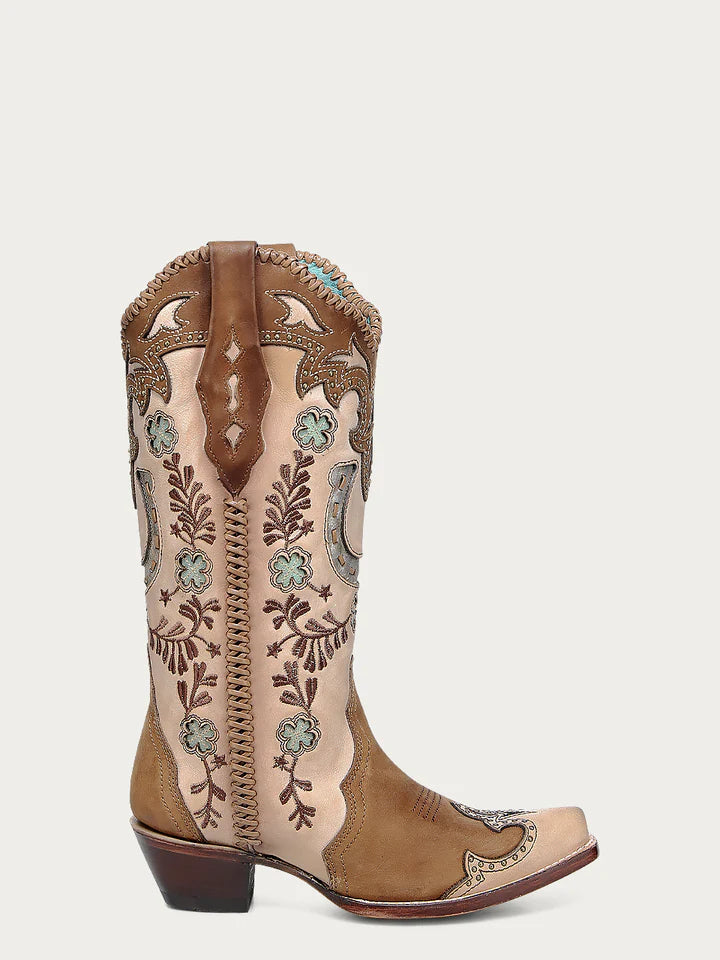 Honey Horseshoe Overlay Hand Stitched Snip Toe Boot