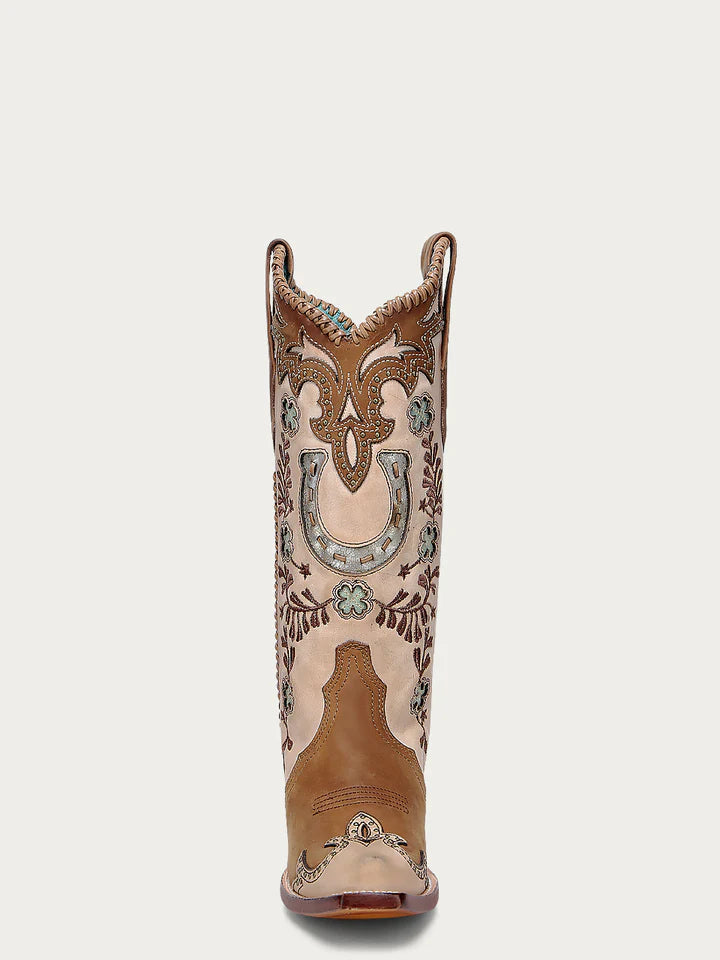 Honey Horseshoe Overlay Hand Stitched Snip Toe Boot