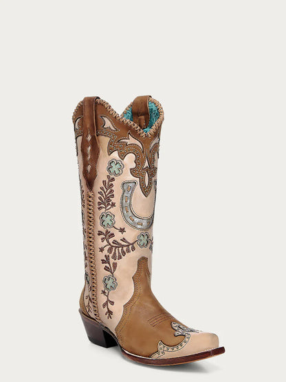 Honey Horseshoe Overlay Hand Stitched Snip Toe Boot