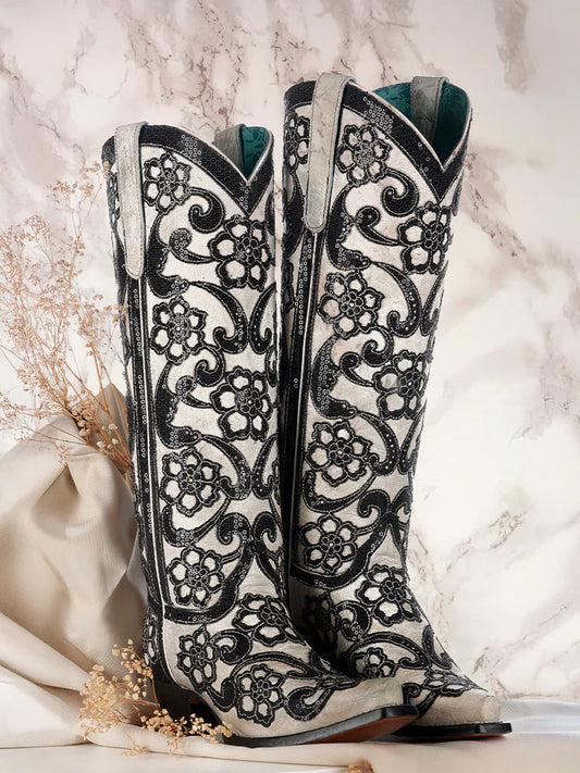 Corral White Overlay Sequin-Embroidery Flora Boot