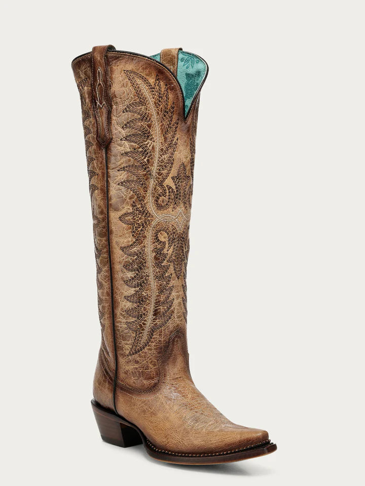 Corral Sand Embroidery w/ Metallic Beaded Welt Snip Toe Tall Top Boot