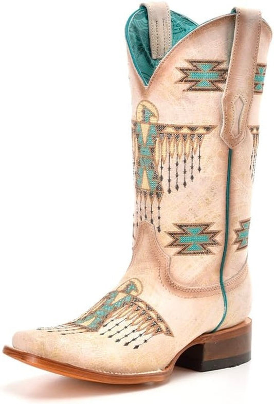 Circle G LD White-Turquoise Embroidery Square Toe Boot