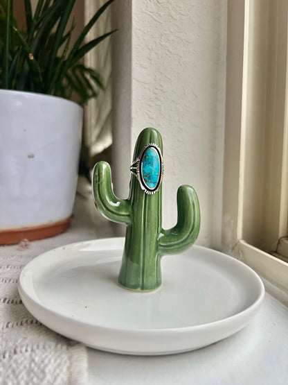 Hand-Stamped Sterling Bezel Oval Turquoise Ring - Size 7