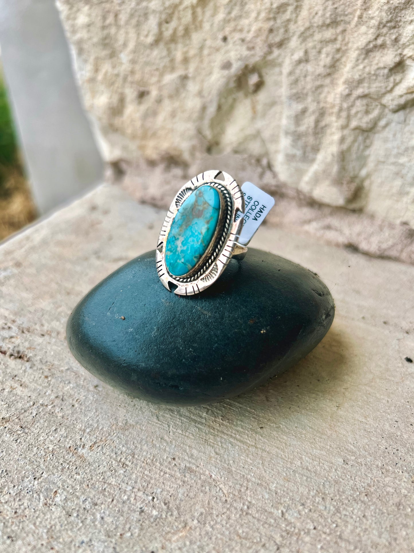 HADA Hand-Stamped Sterling Detail Oval Statement Turquoise Ring - Size 6