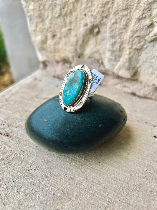 HADA Hand-Stamped Sterling Detail Oval Statement Turquoise Ring - Size 6