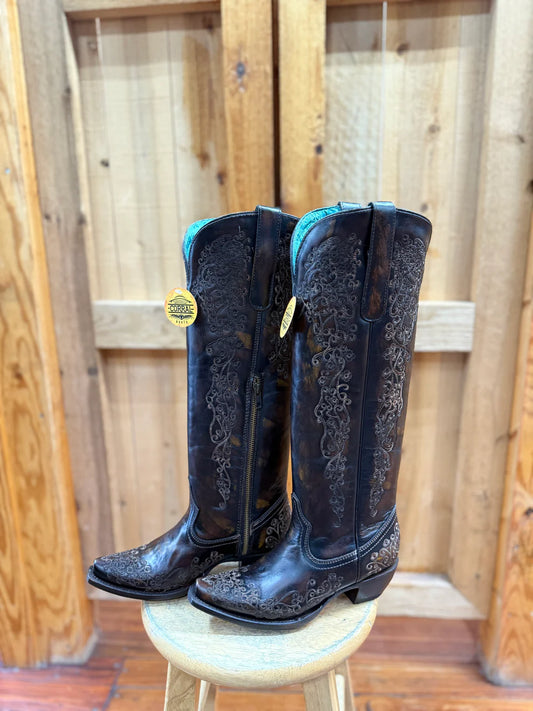 Corral Black/Honey Floral Embroidery Tall Top Boot