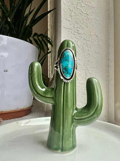 Hand-Stamped Sterling Bezel Oval Turquoise Ring - Size 7