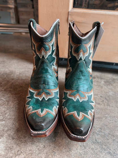 Circle G Aqua Embroidery Zipper Ankle Bootie