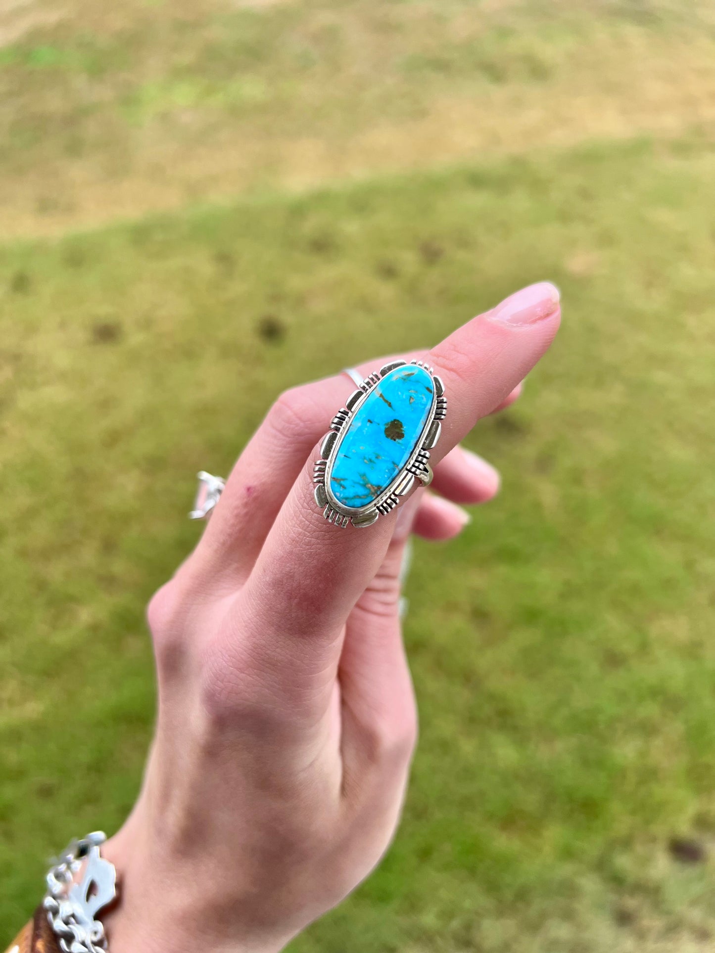Norvin Johnson Navajo Handmade Sonoran Gold Turquoise Ring - Size 7