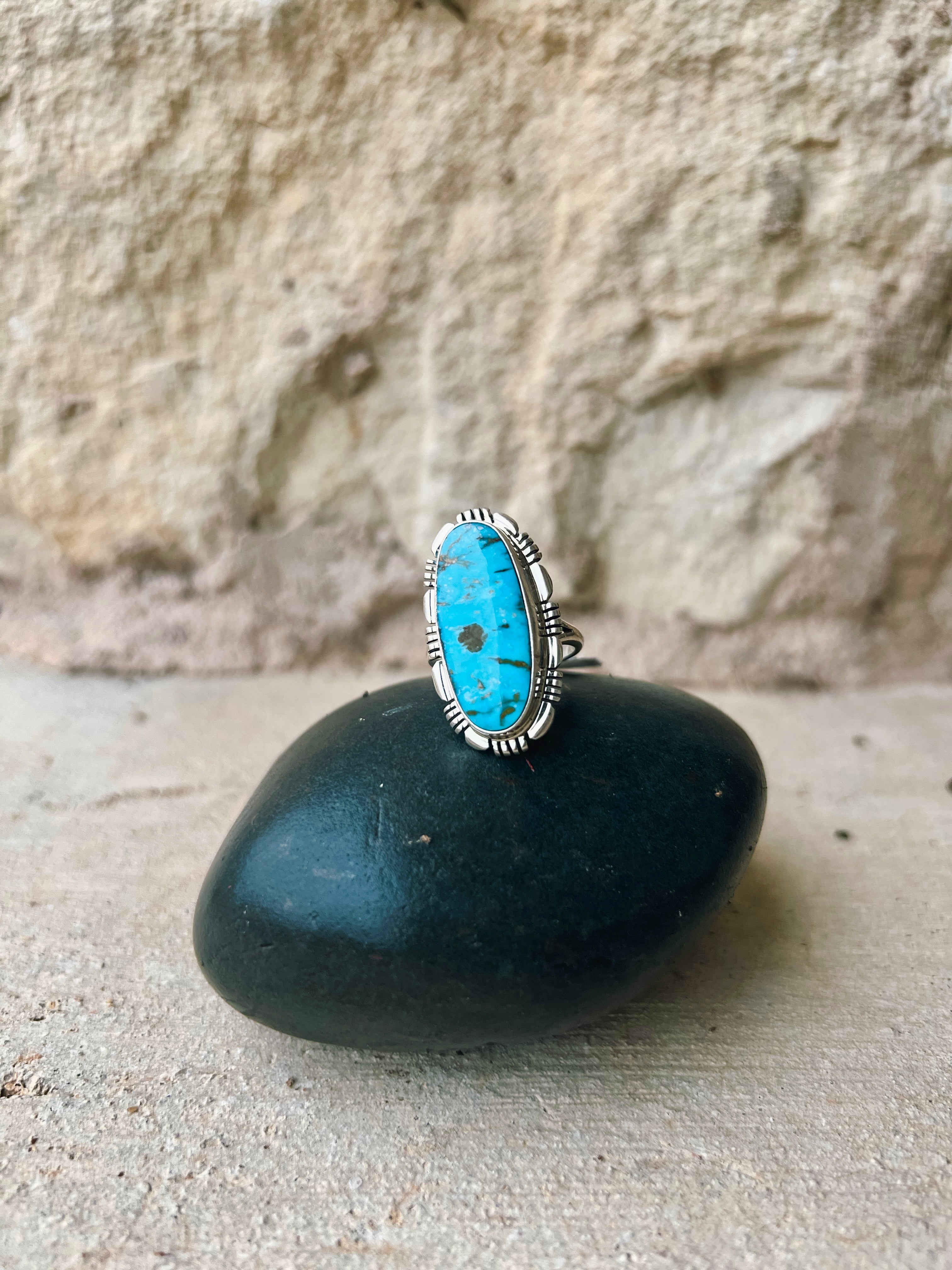 Norvin Johnson Navajo Handmade Sonoran Gold Turquoise Ring - Size