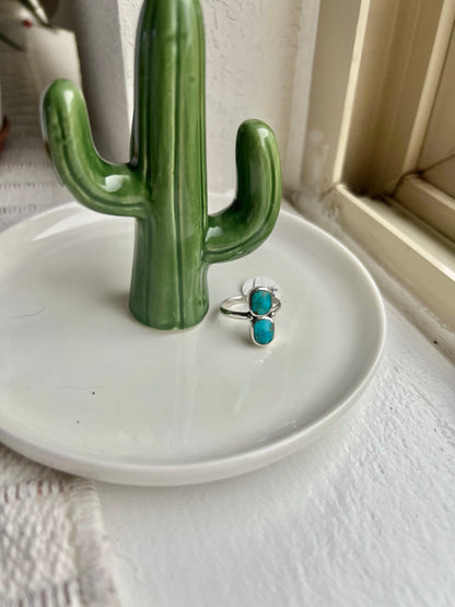 Curved Rectangle Double Stone Turquoise Ring - Size 7