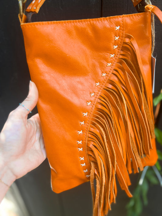 Pranee Austin "Holly" Fringe Crossbody Purse in Orange