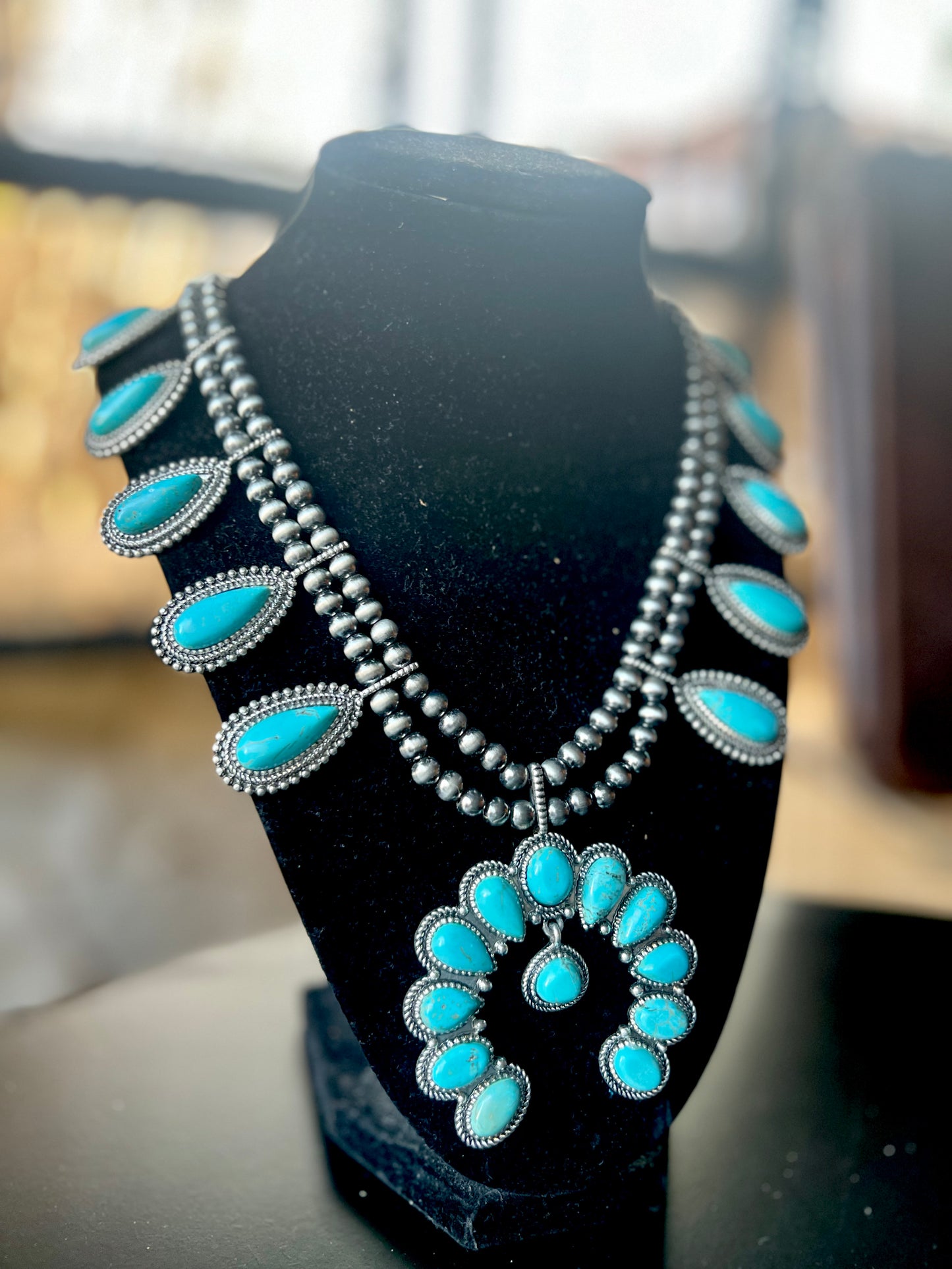 Navajo Beaded Large Turquoise Squash Blossom Necklace