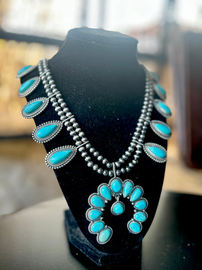 Navajo Beaded Large Turquoise Squash Blossom Necklace