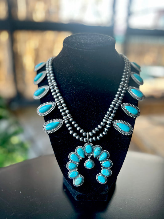 Navajo Beaded Large Turquoise Squash Blossom Necklace