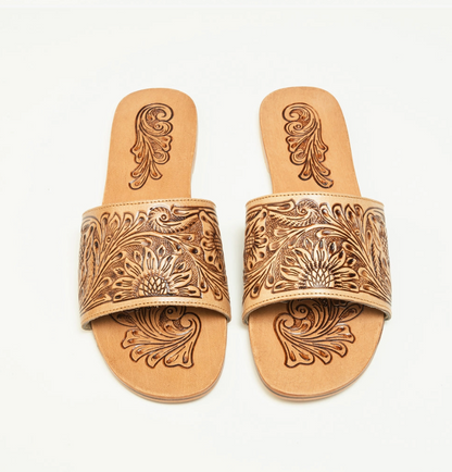 Cactus Lace Handtooled Leather Sandals in Charred Brown