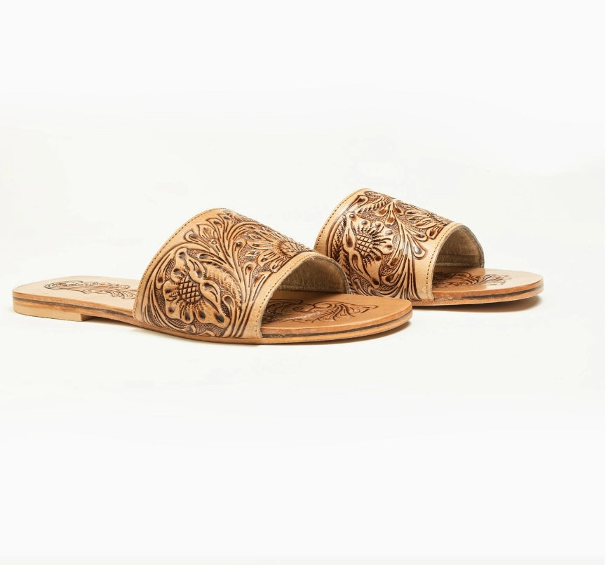 Cactus Lace Handtooled Leather Sandals in Charred Brown