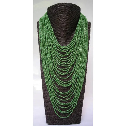 Handmade Seed Bead Graduated String Necklace - Antique Green
