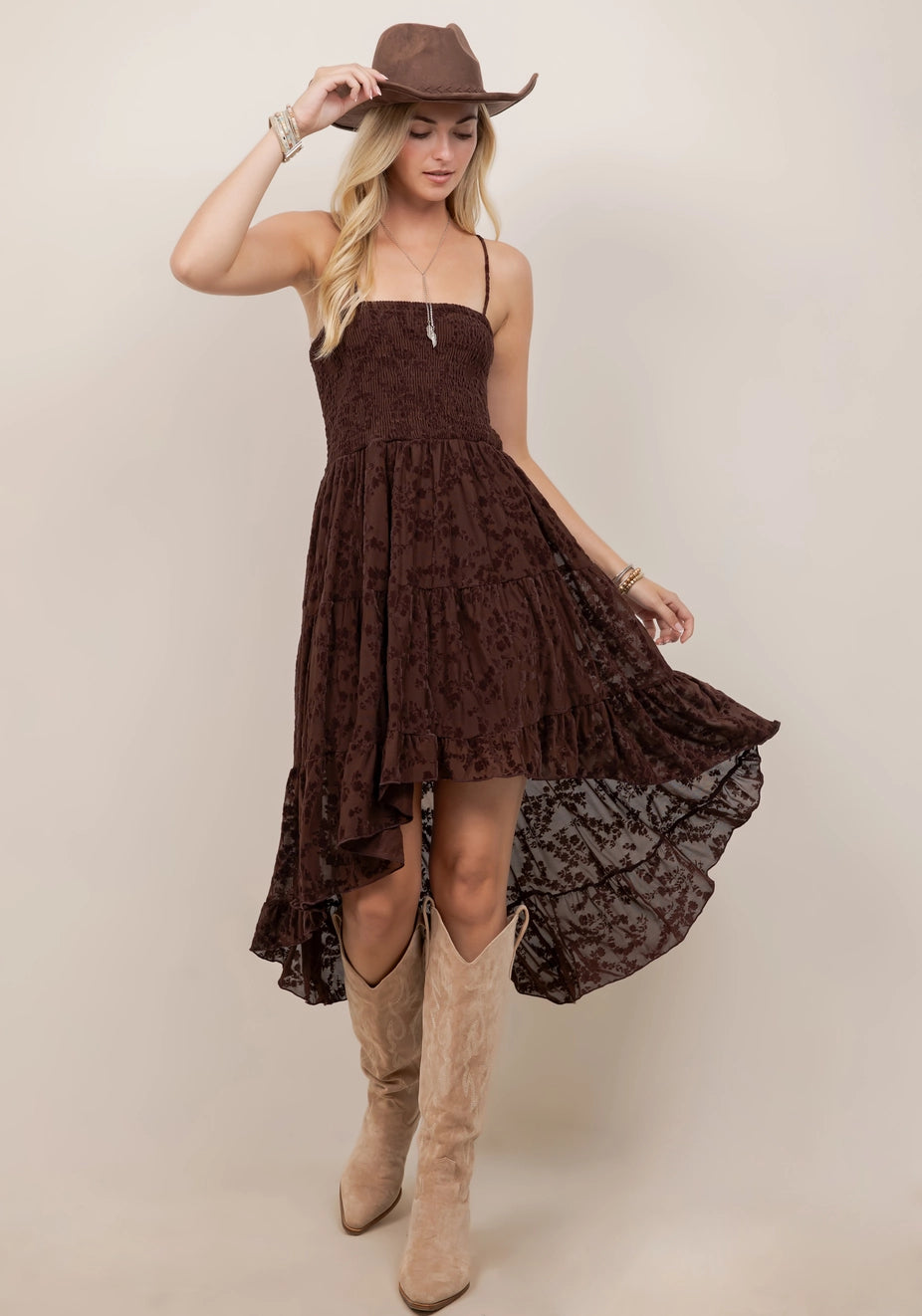 Brown Smocking Detail High-Low Dress