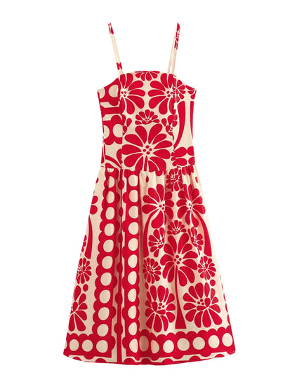 Red Floral Sleeveless Midi Dress