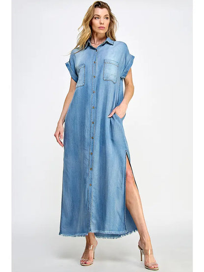 Bleachout Short Sleeve Denim Maxi Dress