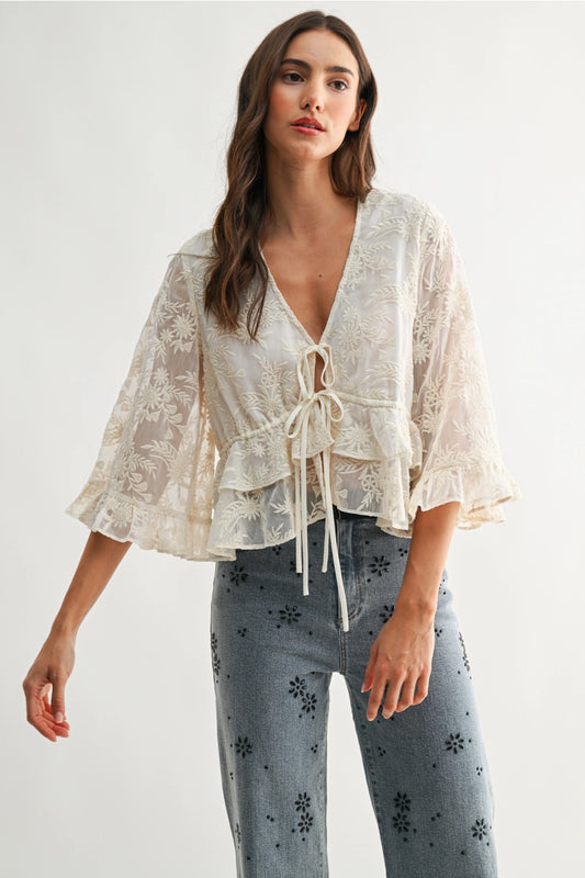 Boho Embroidered Cream Bell Sleeve Blouse