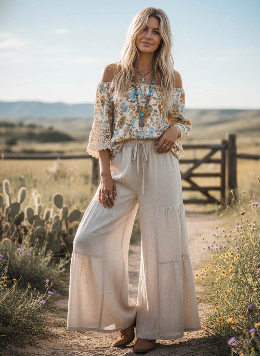 Linen Blend Tiered Wide Let Palazzo Pants