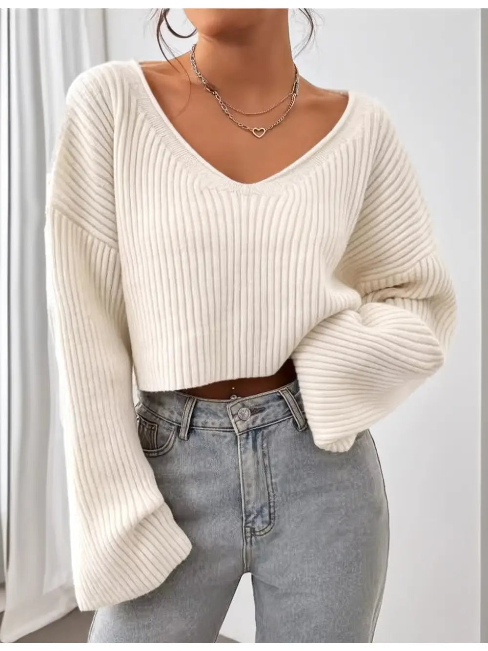 Ladies Drop Shoulder Ribbed Knit Sweater