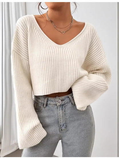 Ladies Drop Shoulder Ribbed Knit Sweater