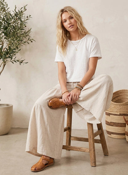 Linen Blend Tiered Wide Let Palazzo Pants