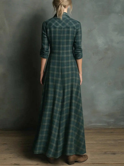 Green Plaid Long Sleeve Button Up Maxi Dress