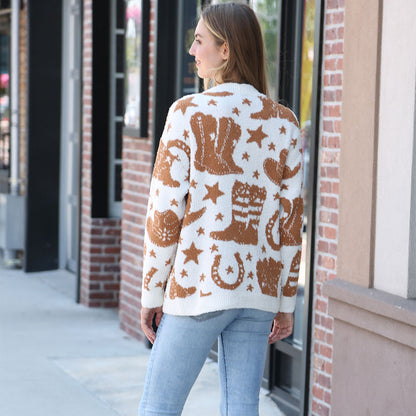 Western Pattern Crew Neck Sweater